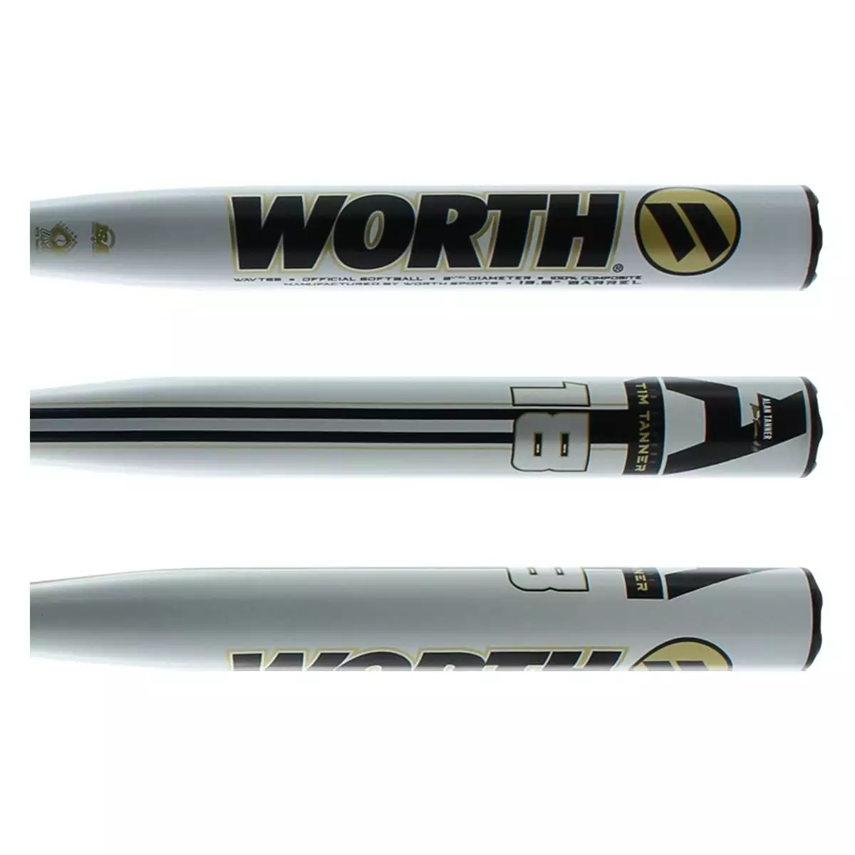 Worth AT18 13.5" Alan Tanner XL Senior Slow Pitch Softball Bat: WAVTSS Black, Gold, White 4 Worth AT18 13.5" Alan Tanner XL Senior Slow Pitch Softball Bat: WAVTSS Black, Gold, White - Image 2
